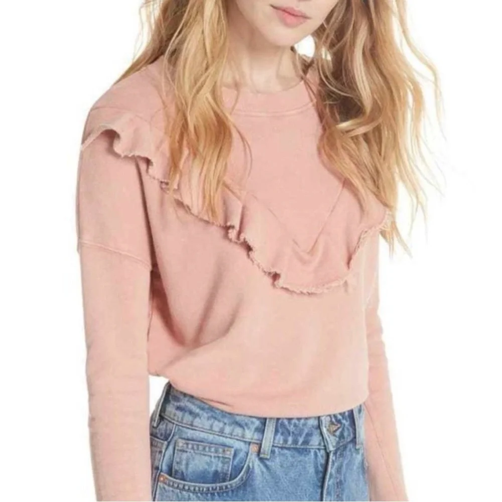 FREE PEOPLE Ooh La Ruffled Oversized Pullover Sweatshirt in Ballet Pink EUC - Picture 8 of 16